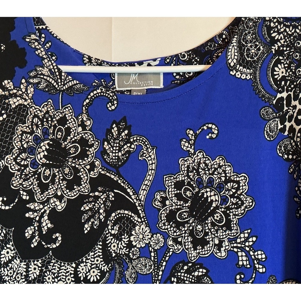 JM Collections - Size XL Petite Blouse Top Blue Black Floral Long Sleeve Stretch - Picture 3 of 8